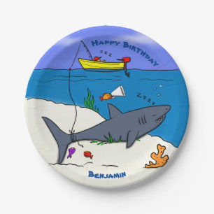 Assiettes En Carton Drôle requin couché et dessin animé de pêche
