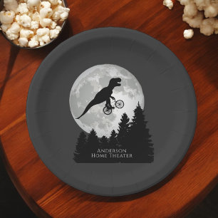 Assiettes En Carton Drôle T-Rex volant sur vélo et Pleine lune