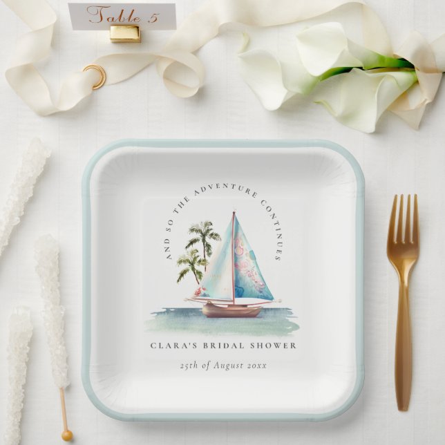 Assiettes En Carton Dusky Turquoise Sailboat Palm Fête des mariées de  (Mariage)