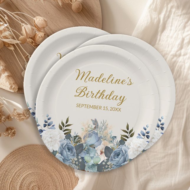 Assiettes En Carton Dusty Bleu Blanc Floral Or Joyeux Anniversaire Nom (Dusty blue watercolor floral women's birthday party paper plates)