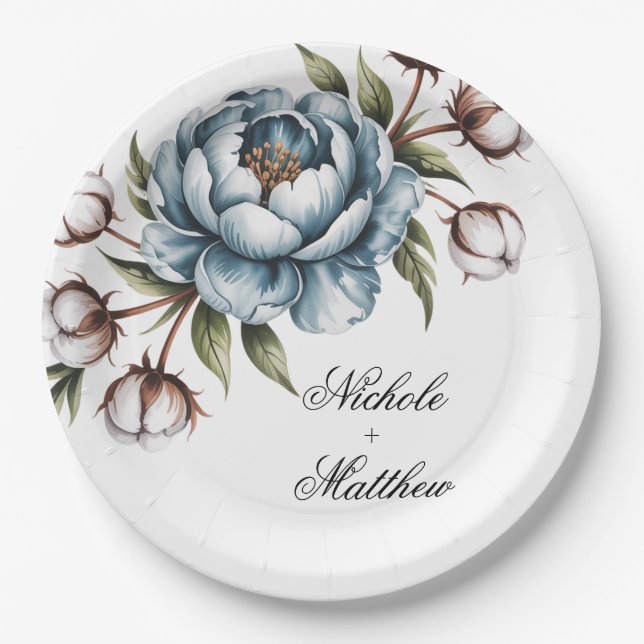 Assiettes En Carton Dusty Blue and Cotton Wedding (Devant)