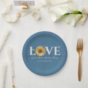 Assiettes En Carton Dusty Blue Barn Wood, Mariage de tournesol doré