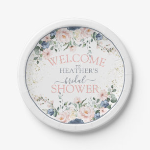 Assiettes En Carton Dusty Blue Blush rose or Fête des mariées florale