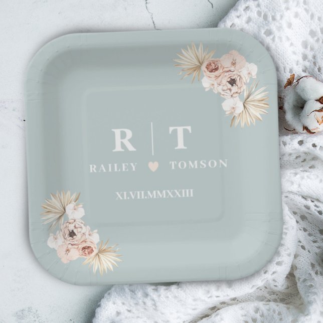 Assiettes En Carton Dusty Blue Boho Floral Élégant Monogramme de maria (Créateur téléchargé)