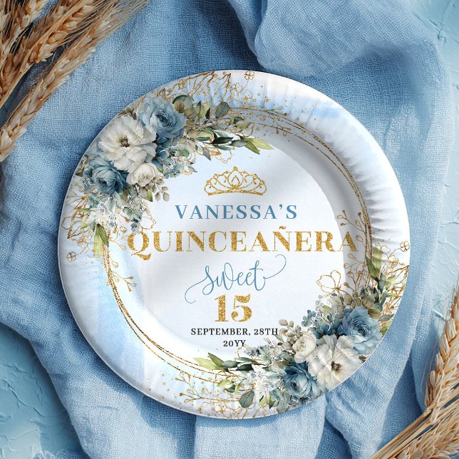 Assiettes En Carton Dusty Blue Boho Greenery Gold Glitter Quinceañera  (Dusty Blue Boho Greenery Gold Glitter Quinceañera Plates)