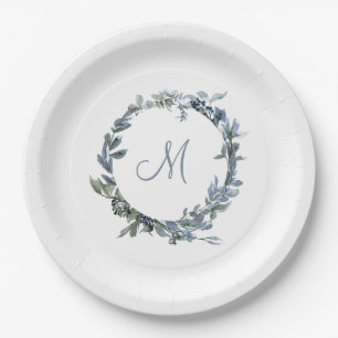 Assiettes En Carton Dusty Blue Botanical Wreath Élégant Monogramme