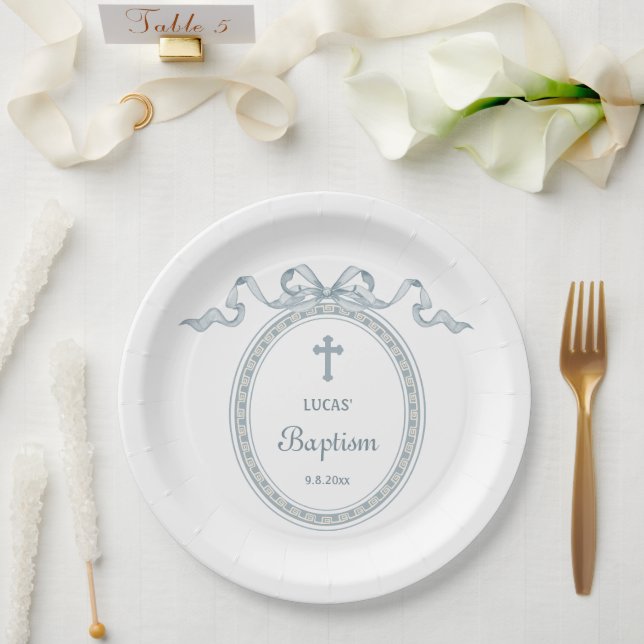 Assiettes En Carton Dusty Blue Bow Cadre grec Baptême (Mariage)