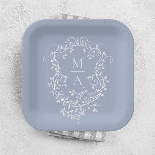 Assiettes En Carton Dusty Blue Classic Floral Crest Monogram Mariage