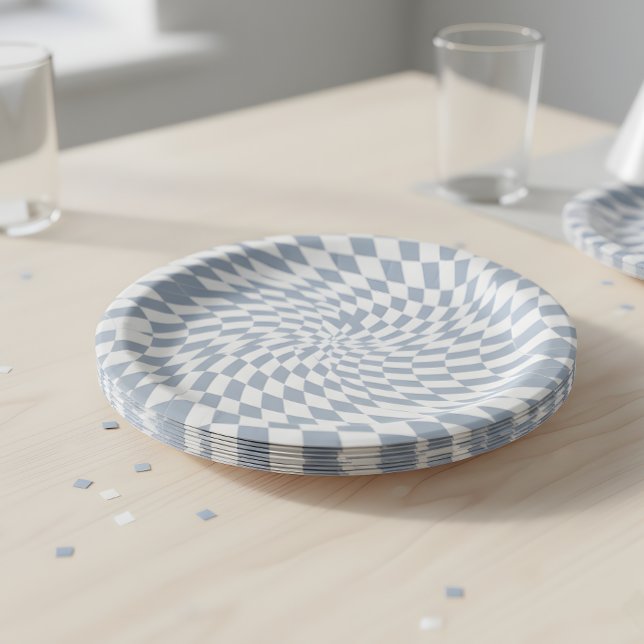 Assiettes En Carton Dusty Blue & Cream Warped Checkered Swirl Hypnotic (Créateur téléchargé)