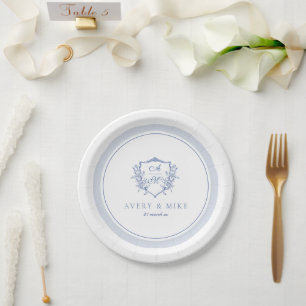 Assiettes En Carton Dusty Blue Elegant Rose Vintage Crest Mariage