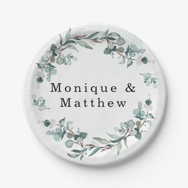 Assiettes En Carton Dusty Blue Eucalyptus Vert Mariage rustique (Devant)