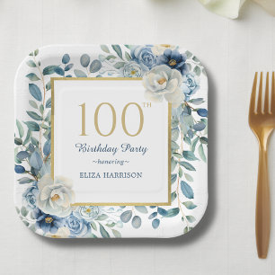 Assiettes En Carton Dusty Blue Floral 100e anniversaire