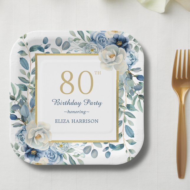 Assiettes En Carton Dusty Blue Floral 80e anniversaire (Créateur téléchargé)