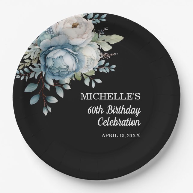 Assiettes En Carton Dusty Blue Floral Black 60e anniversaire (Devant)