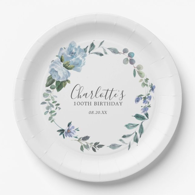Assiettes En Carton Dusty Blue Floral Custom 100e Anniversaire Custom (Devant)