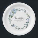 Assiettes En Carton Dusty Blue Floral Custom 18th Birthday Custom<br><div class="desc">Plaques en papier très élégantes pour une fête du 18ème anniversaire. Une couronne fleurie présente des pivoines bleues poussiéreuses et des fleurs roses nichées dans des feuilles d'eucalyptus bleus. Le nom de la femme est écrit dans une police de caractères tendance. 18ème anniversaire et date suivent. Ce 18e anniversaire peut...</div>
