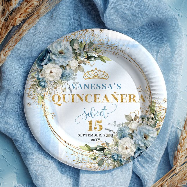 Assiettes En Carton Dusty Blue Floral Gold Glitter Personalized Plates (Dusty Blue Floral Gold Glitter Personalized Plates)