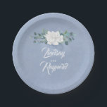 Assiettes En Carton Dusty Blue Floral Mariage<br><div class="desc">Plaques de papier mariage bleu poussiéreux aux fleurs blanches</div>