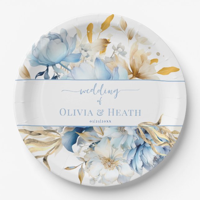 Assiettes En Carton Dusty Blue Floral Mariage or (Devant)