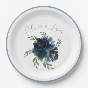Assiettes En Carton Dusty Blue Floral Moderne Script Nom élégant