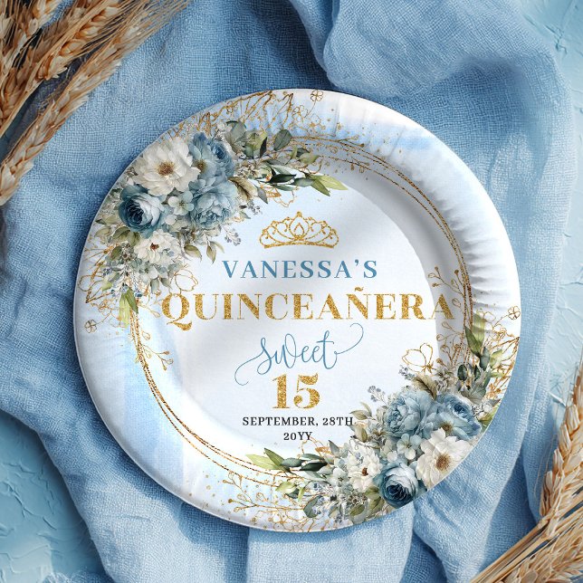 Assiettes En Carton Dusty Blue Flowers Greenery Gold Quince Plates (Dusty Blue Flowers Greenery Gold Quince Plates)