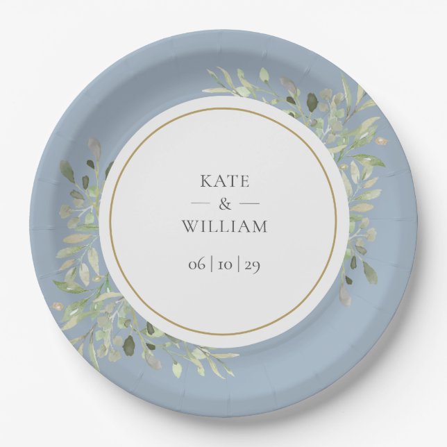 Assiettes En Carton Dusty Blue Greenery Foliage Mariage (Devant)