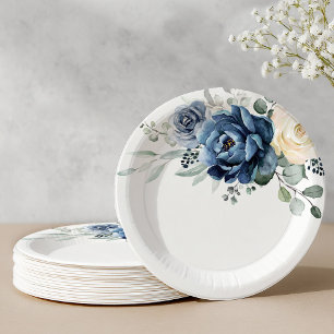 Assiettes En Carton Dusty Blue Navy Champagne Ivory Floral Mariage