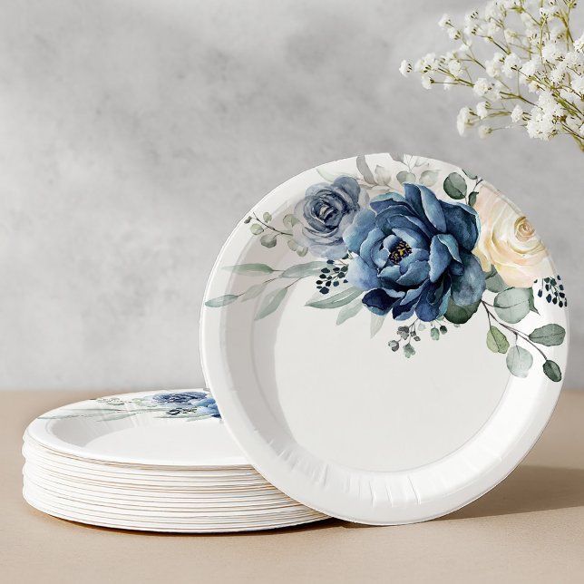 Assiettes En Carton Dusty Blue Navy Champagne Ivory Floral Mariage (Dusty Blue Navy Champagne Ivory Floral Wedding Paper Plates)