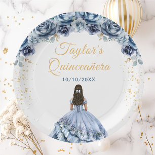 Assiettes En Carton Dusty Blue Princess Floral Quinceañera