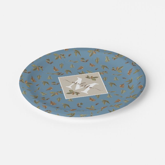 Assiettes En Carton Dusty Blue Rustic Feuilles Brown Monogramme (Angle)