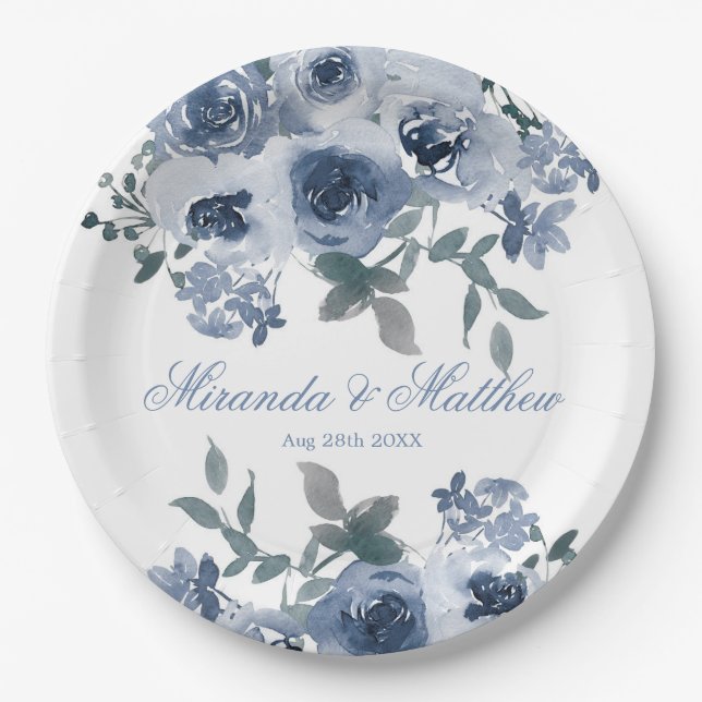 Assiettes En Carton Dusty Blue Sage Aquarelle Peony Mariage (Devant)