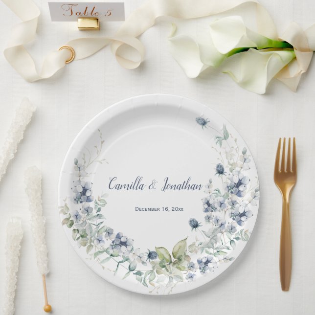 Assiettes En Carton Dusty Blue Sage Vert hiver Floral Mariage (Mariage)