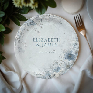 Assiettes En Carton Dusty Blue Silver Rose hiver Floral Mariage