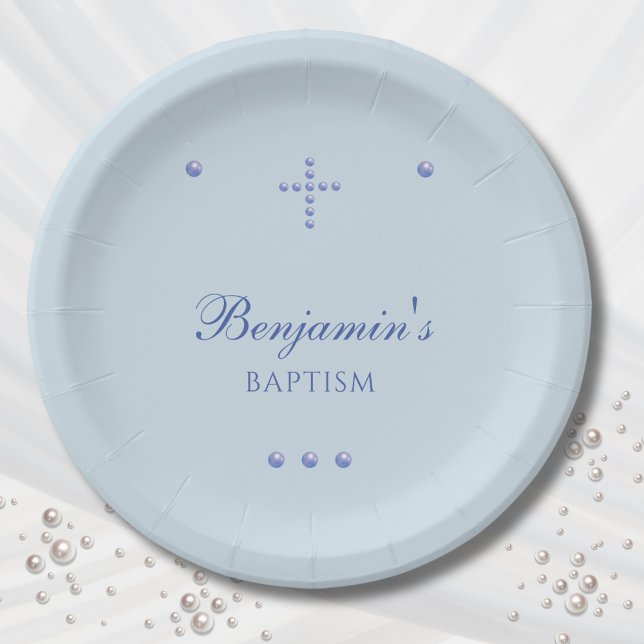 Assiettes En Carton Dusty Blue Simple Cross Christian Baptism (Créateur téléchargé)