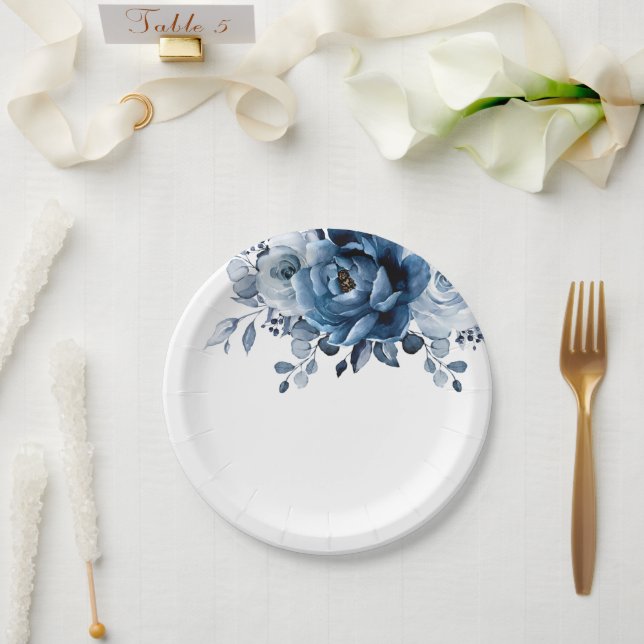 Assiettes En Carton Dusty Blue Slate Navy Floral Botanal Mariage (Mariage)