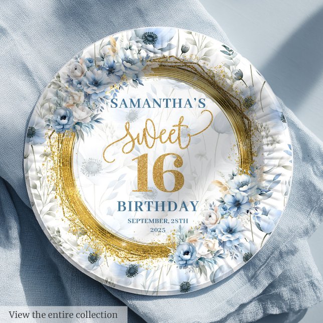 Assiettes En Carton Dusty Blue Sweet personnalisé 16 Parties scintilla (Custom Dusty Blue Sweet 16 Gold Glitter Birthday Paper Plates)