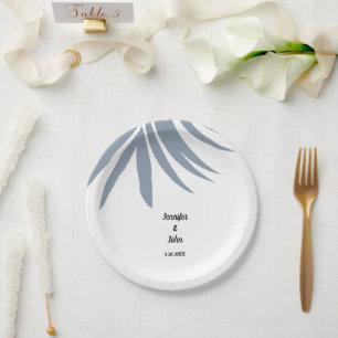 Assiettes En Carton Dusty Blue Tropical Palm Leaf Élégant Mariage Cool