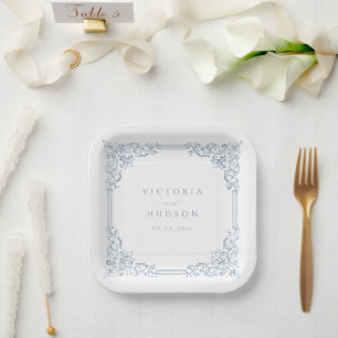 Assiettes En Carton Dusty Blue Vintage Frame Elegant Names Mariage