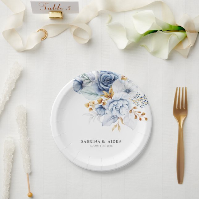 Assiettes En Carton Dusty Blue White Gold Floral Mariage (Mariage)
