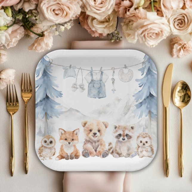 Assiettes En Carton Dusty Blue Woodland Adventure Awaits Baby Shower (Créateur téléchargé)