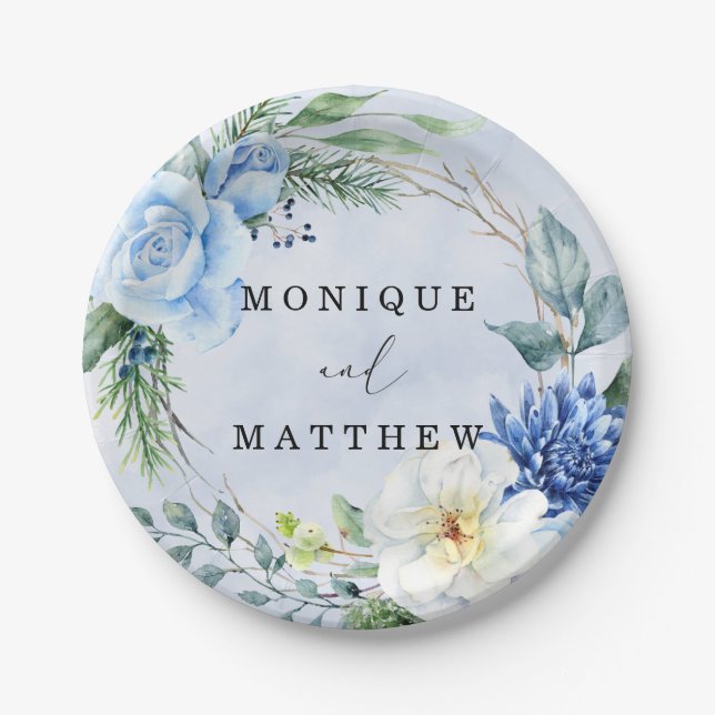 Assiettes En Carton Dusty et Mariage floral bleu marine (Devant)