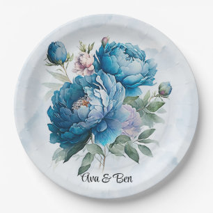 Assiettes En Carton Dusty et marine Watercolor Mariage Peony