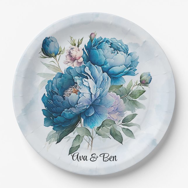 Assiettes En Carton Dusty et marine Watercolor Mariage Peony (Devant)