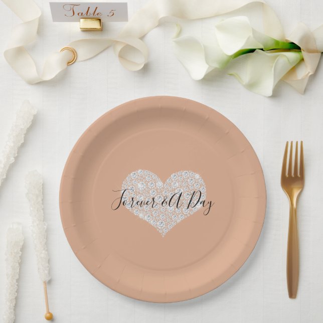 Assiettes En Carton Dusty Peach Gold Confetti Diamonds Coeur (Mariage)