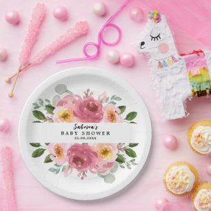 Assiettes En Carton Dusty Rose Baby shower floral rose pâle
