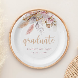Assiettes En Carton Dusty rose Boho Floral Pampas Grass Graduation