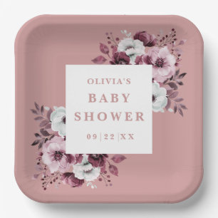 Assiettes En Carton Dusty Rose Élégant Floral Baby Shower Campagne