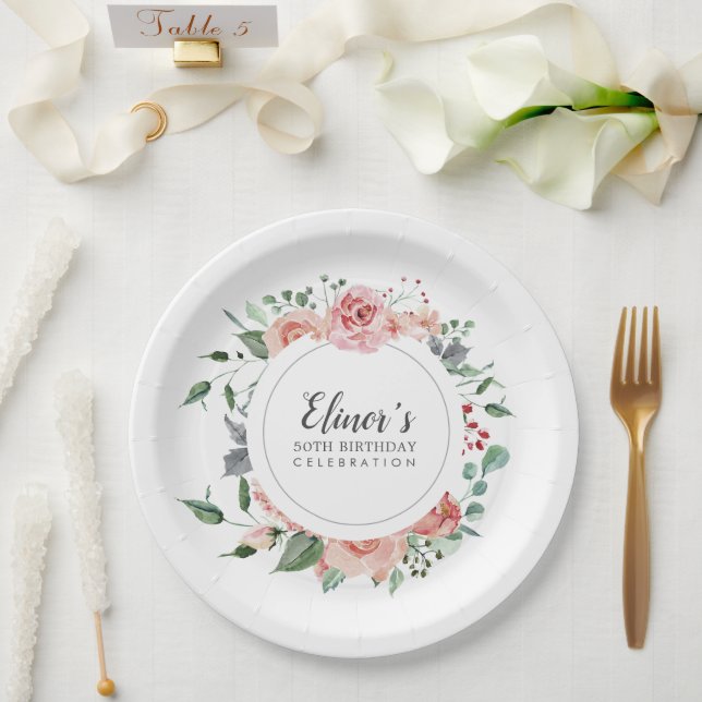 Assiettes En Carton Dusty rose floral 50e anniversaire Merci (Mariage)