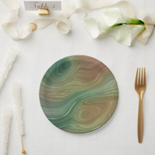 Assiettes En Carton Earthy Emerald Strata Agate d'encre verte et dor