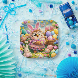 Assiettes En Carton Easter bunny and colourful eggs party design